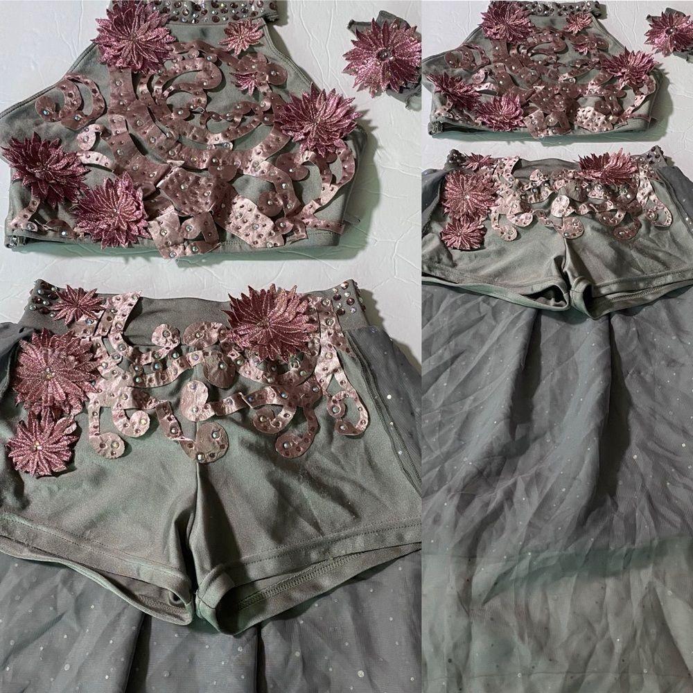Glamour solo dance costume custom silver gray 2 piece skirt crop top XLC child